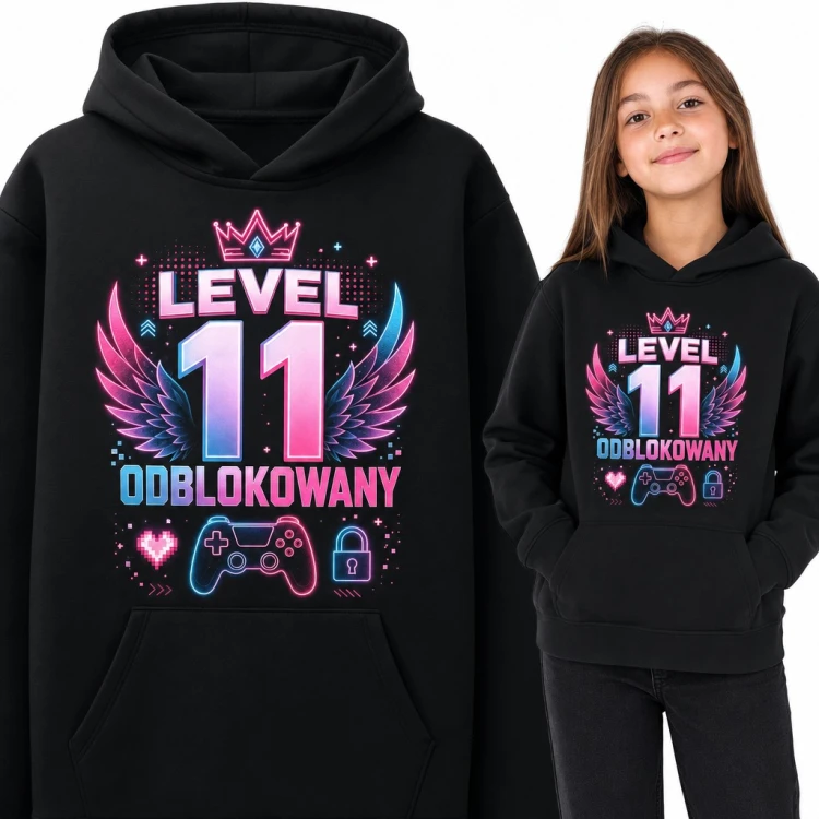 Bluza dziewczęca z kapturem „Level 11 odblokowany” - na 11 urodziny dla gamerki