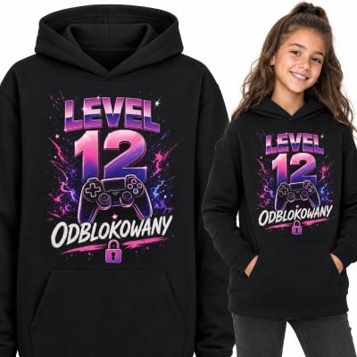 Bluza dziewczęca z kapturem na 12 urodziny - „Level 12 odblokowany” z padem do gier