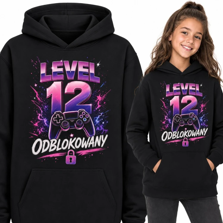 Bluza dziewczęca z kapturem na 12 urodziny - „Level 12 odblokowany” z padem do gier