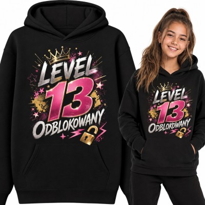 Bluza dziewczęca z kapturem na 13 urodziny - „Level 13 odblokowany” z koroną i kłódką