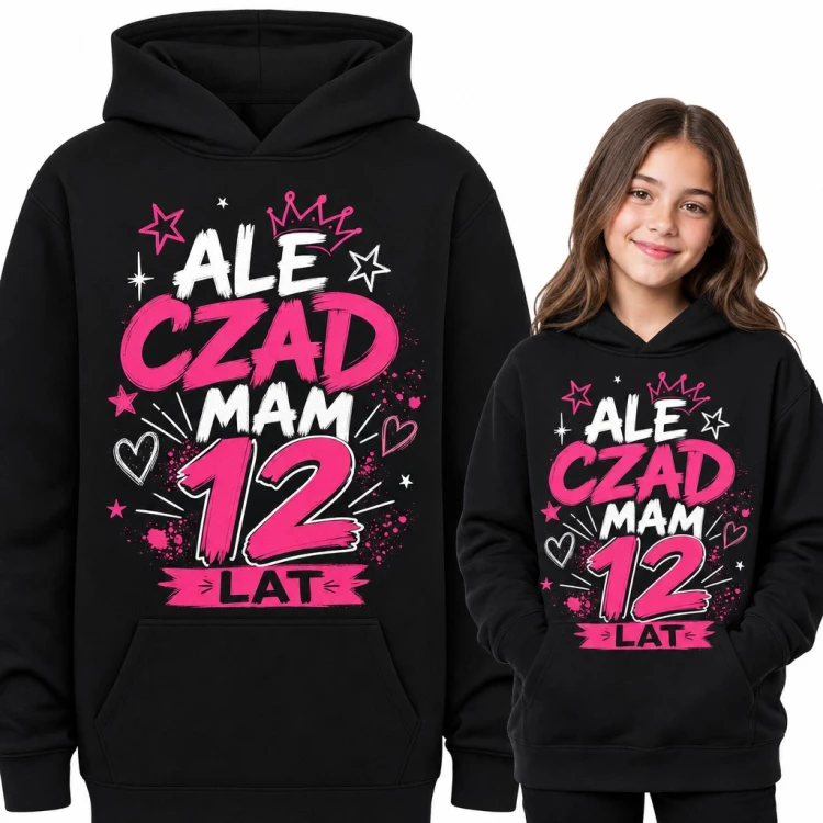Bluza dziewczęca z kapturem „Ale czad mam 12 lat” - na 12 urodziny z koroną