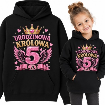 Bluza dziewczęca z kapturem na 5 urodziny - „Urodzinowa królowa 5 lat” ze złotą koroną