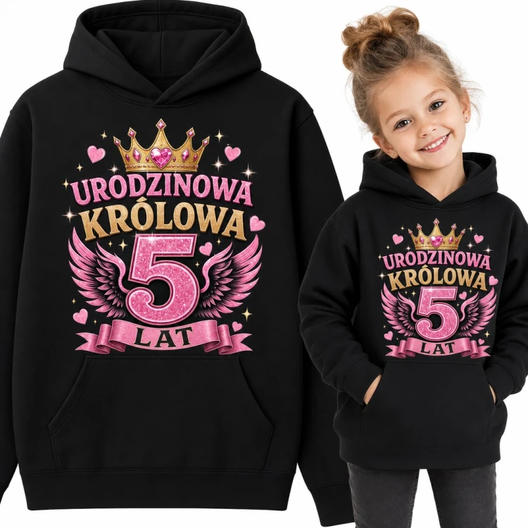 Bluza dziewczęca z kapturem na 5 urodziny - „Urodzinowa królowa 5 lat” ze złotą koroną