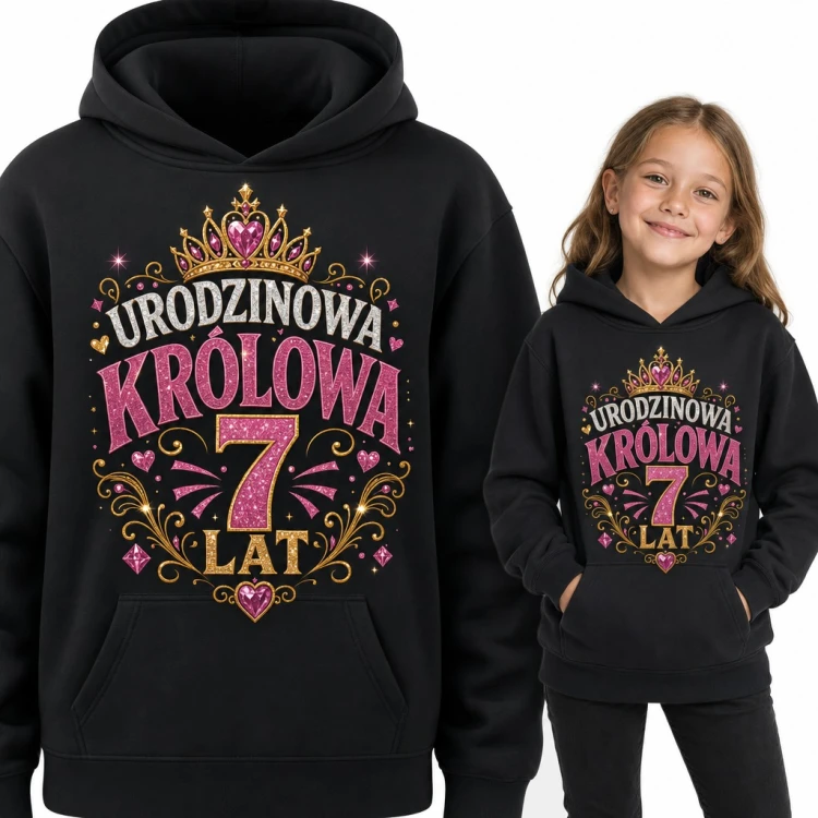 Bluza dziewczęca z kapturem na 7 urodziny - „Urodzinowa królowa 7 lat” z koroną