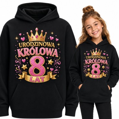 Bluza dziewczęca z kapturem na 8 urodziny - „Urodzinowa królowa 8 lat” ze złotą koroną