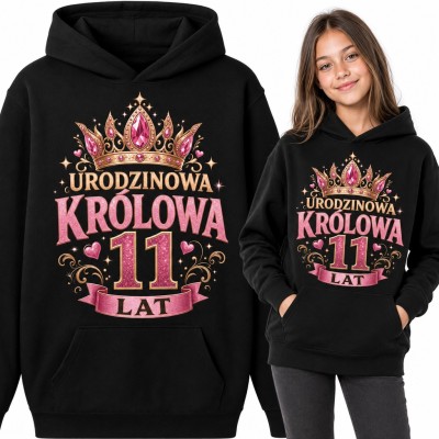 Bluza dziewczęca z kapturem na 11 urodziny - „Urodzinowa królowa 11 lat” z różową koroną