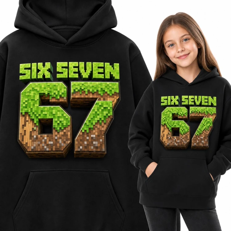 Bluza dziewczęca z kapturem - „Six Seven 67” mem w pikselowym stylu gry