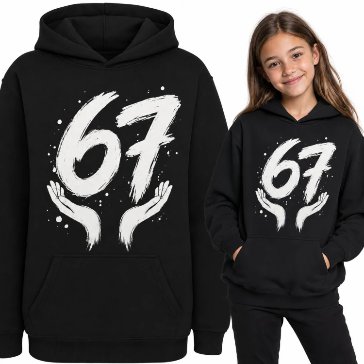 Bluza dziewczęca z kapturem - „67” mem Six Seven z dłońmi