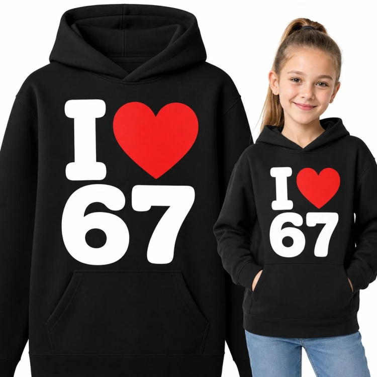 Bluza dziewczęca z kapturem - „I ❤ 67” z czerwonym sercem, mem Six Seven