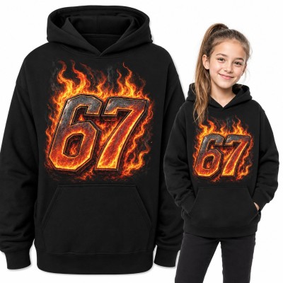 Bluza dziewczęca z kapturem - płonący mem „67” Six Seven w lawie