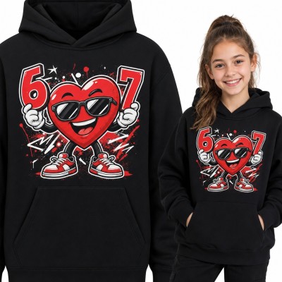 Bluza dziewczęca z kapturem „67” - mem Six Seven z sercem w okularach
