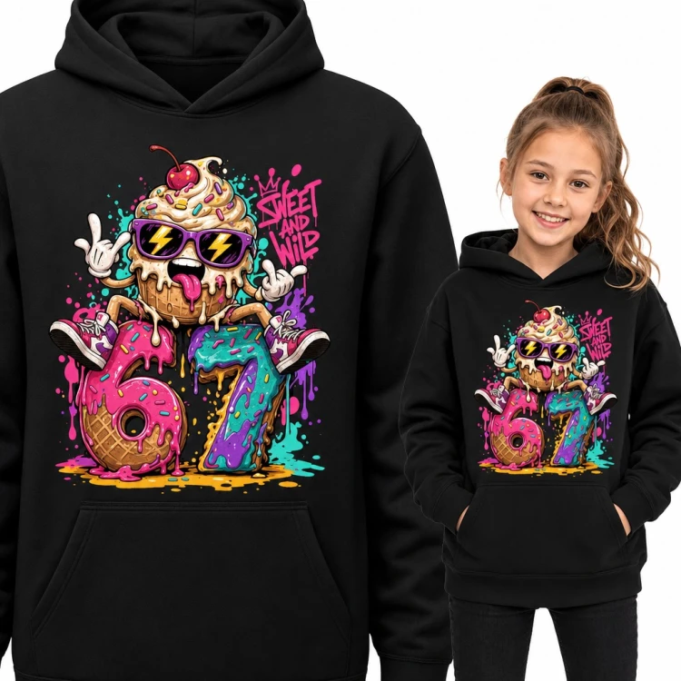 Bluza dziewczęca z kapturem - „Sweet and wild” lodowy mem 67 w okularach