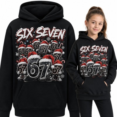 Bluza dziewczęca z kapturem „Six Seven” - świąteczne postacie 67 w czapkach Mikołaja