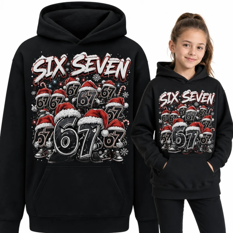 Bluza dziewczęca z kapturem „Six Seven” - świąteczne postacie 67 w czapkach Mikołaja