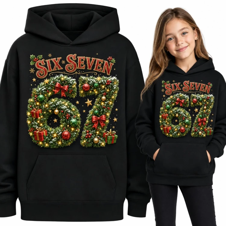 Bluza dziewczęca z kapturem „Six Seven” - świąteczne 67 z choinkowych gałązek