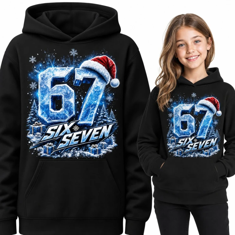 Bluza dziewczęca z kapturem „67 Six Seven” - świąteczny mem z czapką Mikołaja