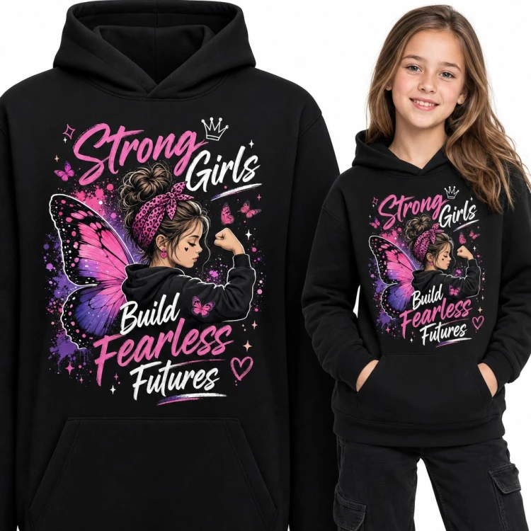 Bluza dziewczęca z kapturem - „Strong Girls Build Fearless Futures” z motylimi skrzydłami