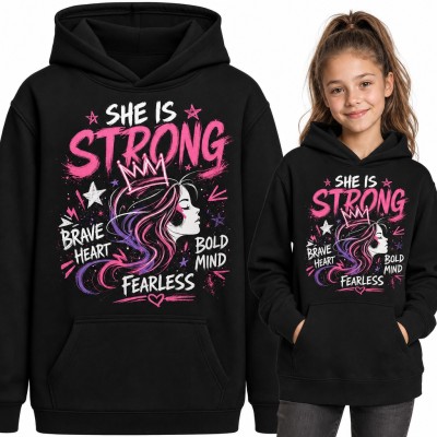Bluza dziewczęca z kapturem „She is strong” - dziewczyna w koronie w stylu graffiti
