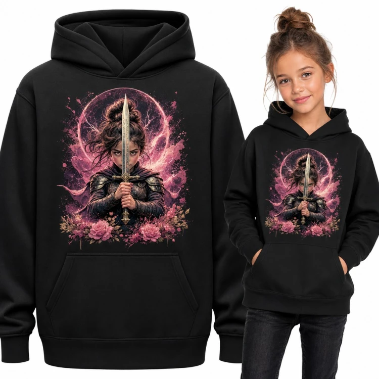 Bluza dziewczęca z kapturem - wojowniczka fantasy z mieczem na tle różowego księżyca