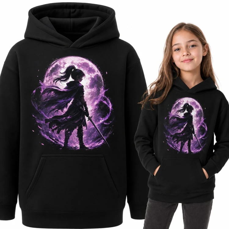 Bluza dziewczęca z kapturem - wojowniczka anime z mieczem na tle fioletowego księżyca