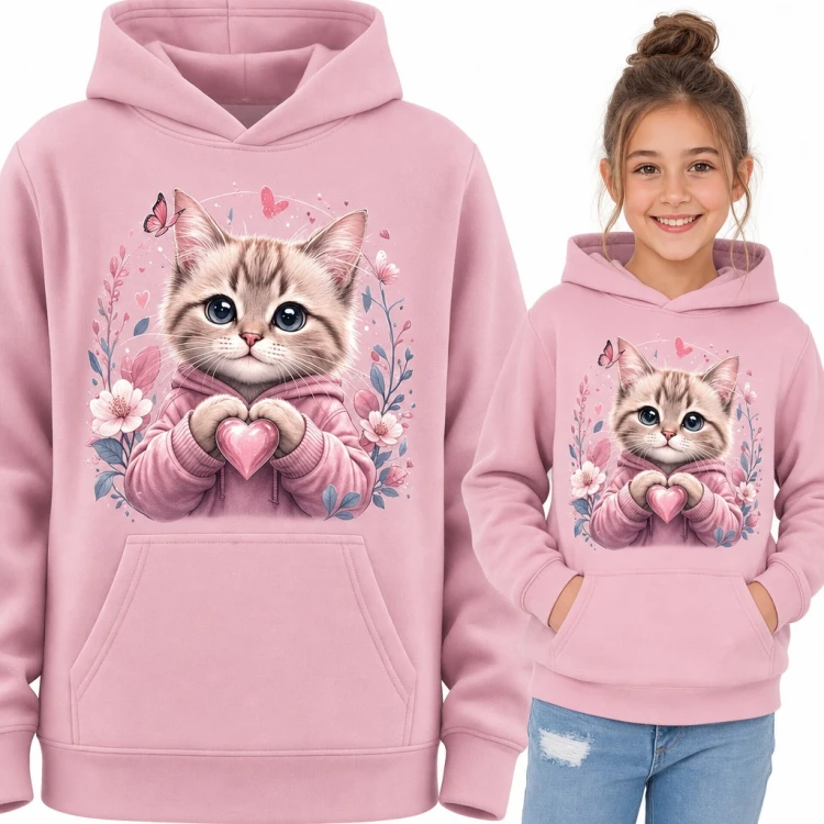 Bluza dziewczęca z kapturem - kotek w bluzie z serduszkiem wśród kwiatów