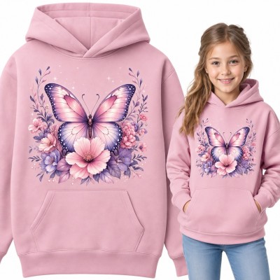 Bluza dziewczęca z kapturem - fioletowy motyl wśród różowych kwiatów