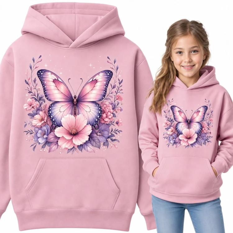 Bluza dziewczęca z kapturem - fioletowy motyl wśród różowych kwiatów