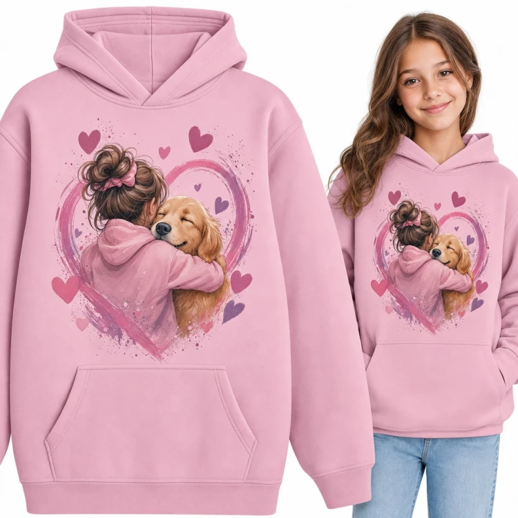 Bluza dziewczęca z kapturem - dziewczynka przytulająca golden retrievera w sercu
