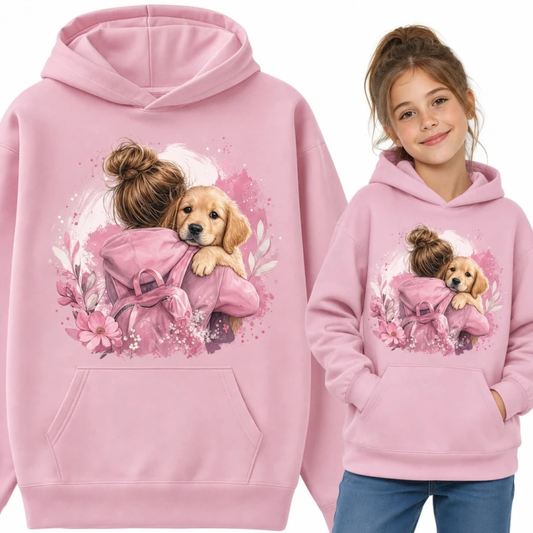 Bluza dziewczęca z kapturem - dziewczynka przytulająca szczeniaka golden retrievera