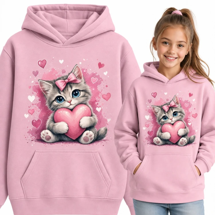 Bluza dziewczęca z kapturem - kotek z kokardką przytulający serce