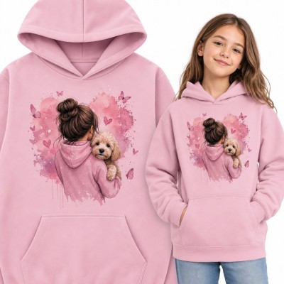 Bluza dziewczęca z kapturem - dziewczynka przytulająca pieska na akwarelowym sercu