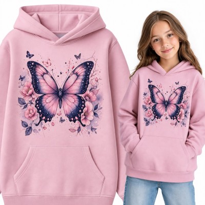 Bluza dziewczęca z kapturem - akwarelowy motyl wśród różowych kwiatów
