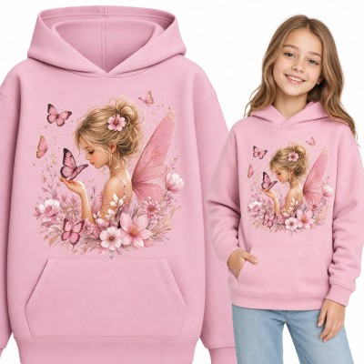 Bluza dziewczęca z kapturem - wróżka z motylem wśród różowych kwiatów