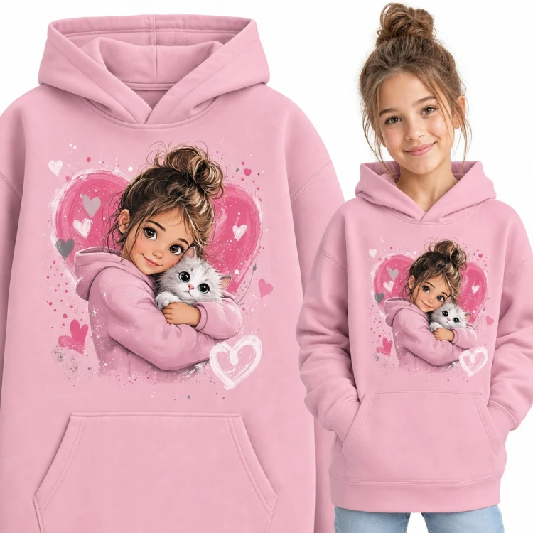 Bluza dziewczęca z kapturem - dziewczynka przytulająca kotka na tle serc