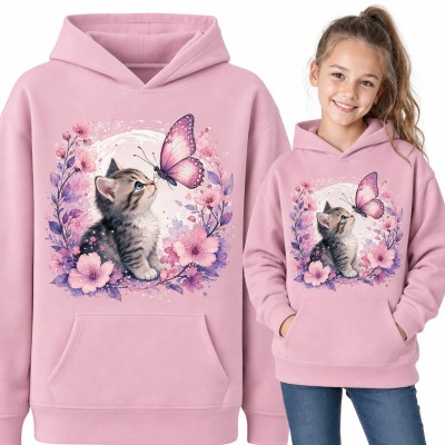 Bluza dziewczęca z kapturem - kotek i motyl wśród akwarelowych kwiatów