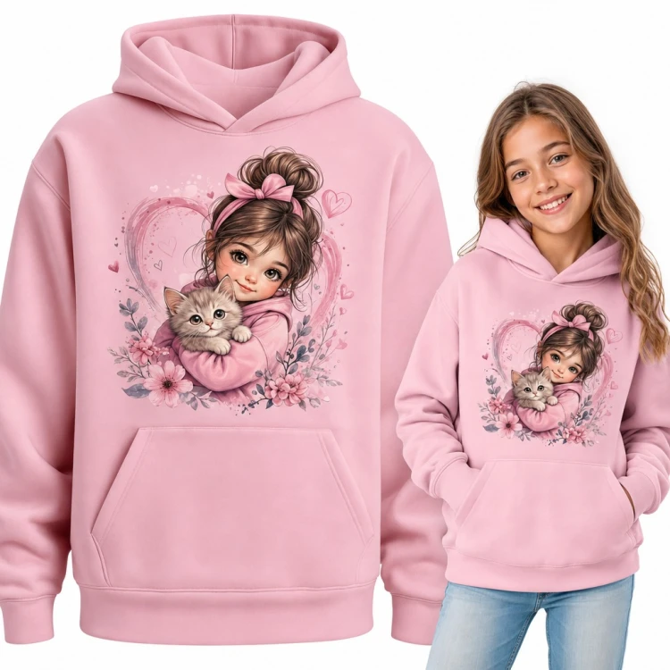Bluza dziewczęca z kapturem - dziewczynka przytulająca kotka w akwarelowym sercu