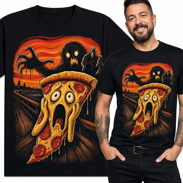Koszulka męska z krzyczącą pizzą - horrorystyczny nadruk