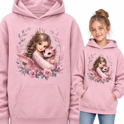 Bluza dziewczęca z kapturem - księżniczka w koronie przytulająca różowego smoka