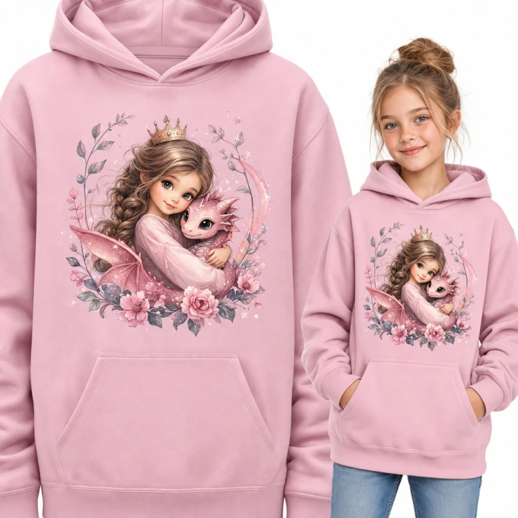 Bluza dziewczęca z kapturem - księżniczka w koronie przytulająca różowego smoka
