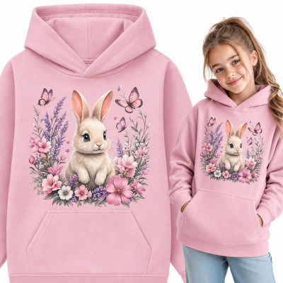 Bluza dziewczęca z kapturem - króliczek wśród kwiatów i motyli