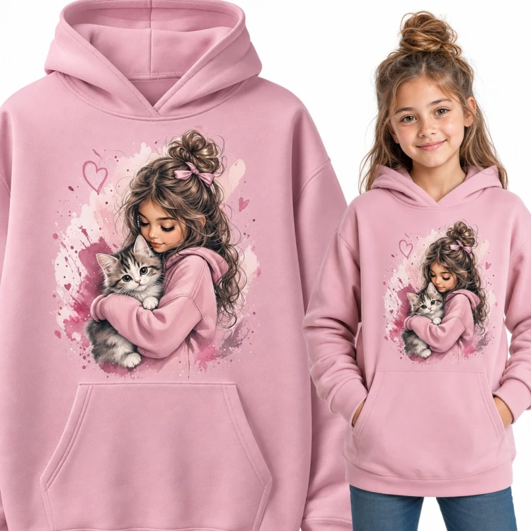 Bluza dziewczęca z kapturem - dziewczynka przytulająca kotka w akwareli