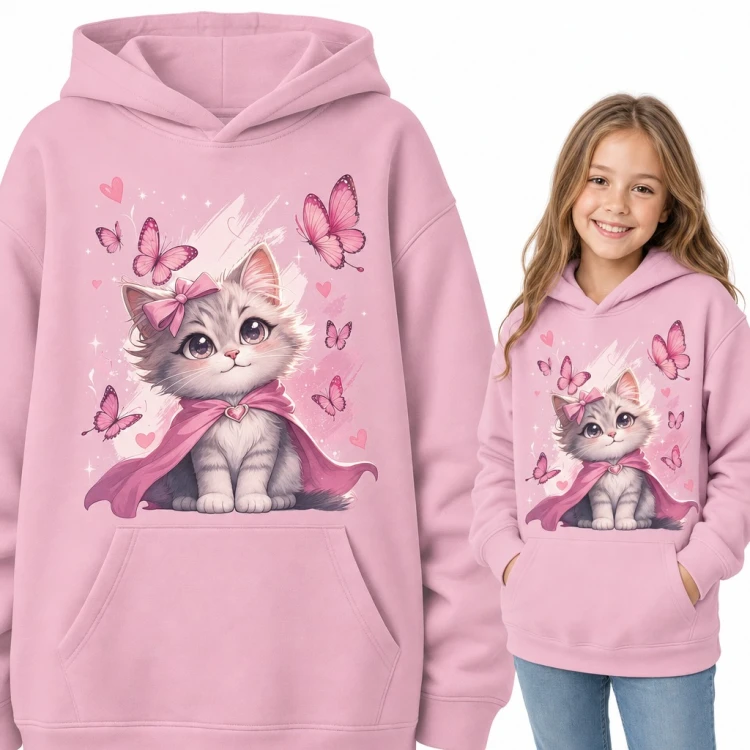 Bluza dziewczęca z kapturem - kotek w pelerynie z kokardką i motylami