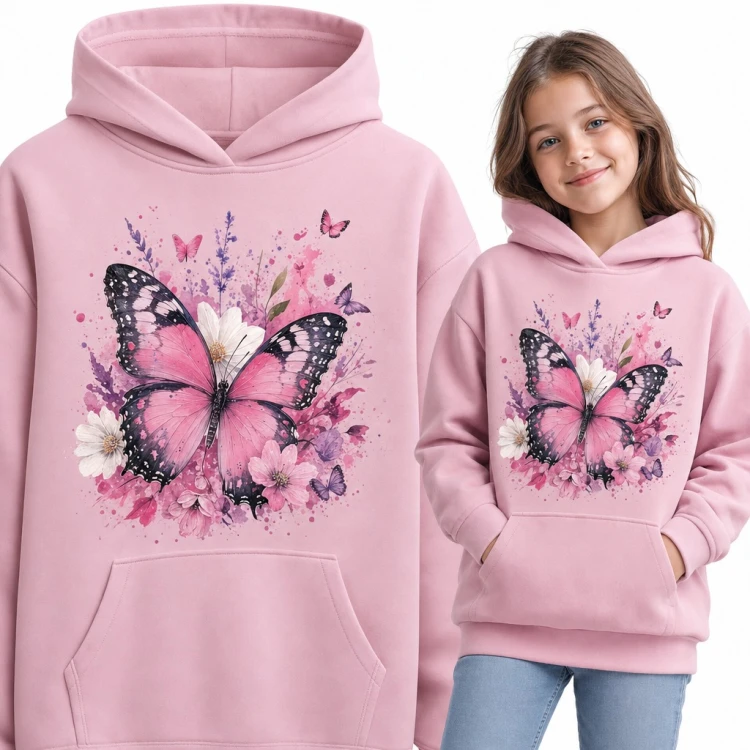 Bluza dziewczęca z kapturem - różowy motyl wśród kwiatów i lawendy w stylu akwareli