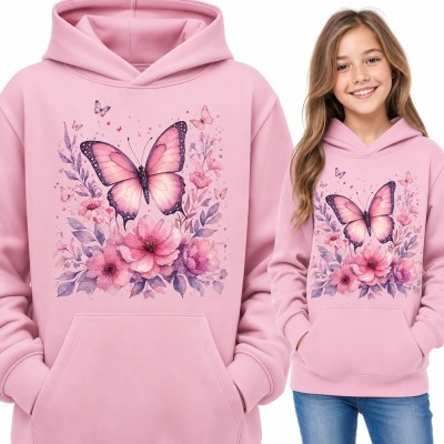 Bluza dziewczęca z kapturem - akwarelowy różowy motyl wśród kwiatów