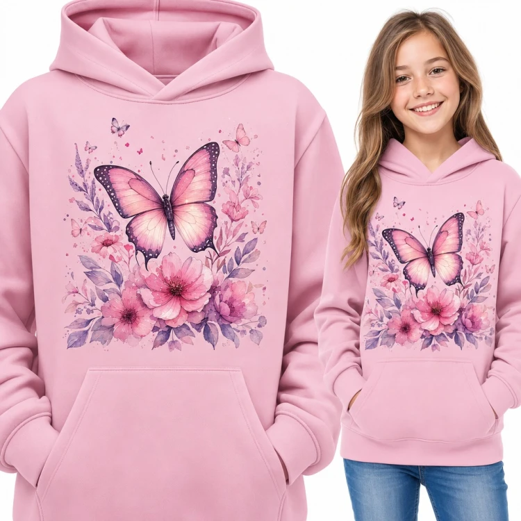 Bluza dziewczęca z kapturem - akwarelowy różowy motyl wśród kwiatów