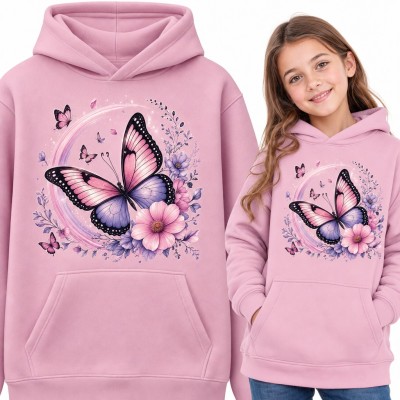 Bluza dziewczęca z kapturem - motyl z kwiatami i półksiężycem
