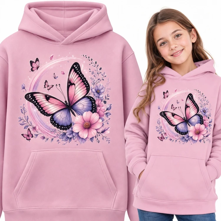 Bluza dziewczęca z kapturem - motyl z kwiatami i półksiężycem
