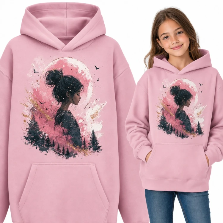 Bluza dziewczęca z kapturem - dziewczyna z kokiem na tle księżyca i lasu