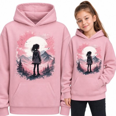 Bluza dziewczęca z kapturem - dziewczynka w górach przy księżycu, akwarela