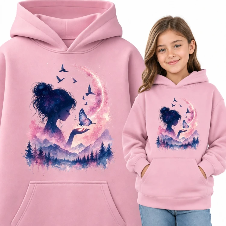 Bluza dziewczęca z kapturem - dziewczynka z motylem pod księżycem w stylu akwareli